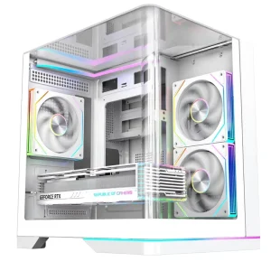 PC Tower Case with Fans ARGB Underglow LED Strip Footpad Triple Glass Seamless Curved Dual Chamber M ATX Gaming Case