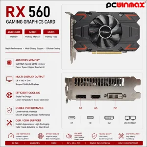PCWINMAX Graphics Card Radeon RX 560 4GB GDDR5 128Bit Single Fan PCIe 3.0 Gaming GPU OEM ODM in Stock for Desktop PCs