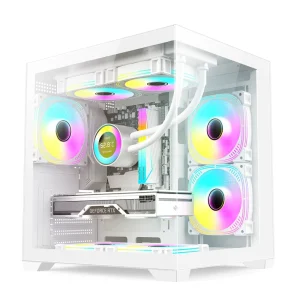 Panoramic Micro ATX Gaming PC Case with 270-Degree Full View, Dual Tempered Glass Side Panels, and 7 Fans