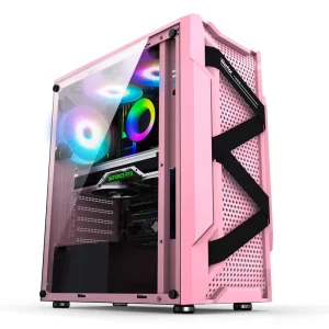 Pink ATX Gaming PC Tower Case with Glass Panel and RGB Fan