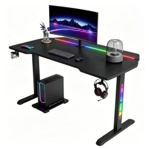 RGB Gaming Desk Carbon Fiber Desk Steel Frame PC Table with Cable Box