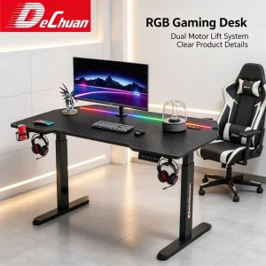 RGB LED Gaming Desk Electric Lift Adjustable Height Computer Desk Memory Presets Headphone Hook