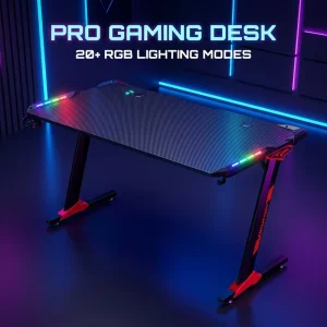 Rectangular RGB Gaming Desk LED Lights ABS Surface Adjustable Height Durable Gamer Workstation Cup Holder Eco Friendly Headphone