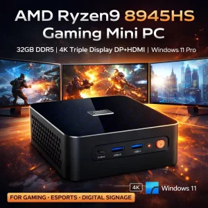 Ryzen 9 8945HS Gaming Mini PC, 32GB DDR5, 4K Triple Display, DP, HDMI 2.1, Windows 11 Pro