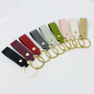 Solid Color Metal Split Key Ring Holder for Car Keys with Short PU Leather Key Strap