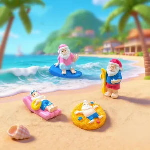 Summer Beach Mini Santa Claus Resin Figurines Miniature Ornaments for Tropical Seaside Landscape Decor