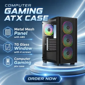 Tempered Glass Mid Tower Gaming Computer Case with Power Supply RGB ATX