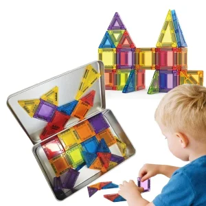Trending 60 Pcs Tin Box Magnetic Building Blocks Portable Magnet Tiles Toy Travel Set Toddler Mini Magnetic Tiles for Kids