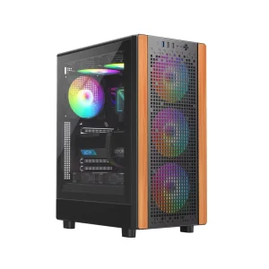 Tris Gaming PC Case Mid Tower ATX with Wooden Element Grid Panel for Desktop Home Office
