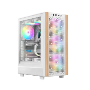 Tris Mid Tower Computer Case Wooden Side Grid Design Tempered Glass Office PC Case ATX