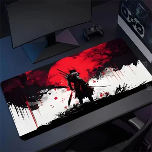 Watercolor Japanese Samurai Bushido Gaming Mouse Pad XL Non-Slip Rubber Base Stitched-Edge Desk Pad 80 x 30 cm