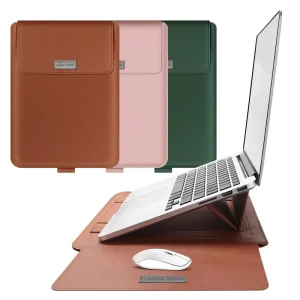 Waterproof Flip Top PU Leather Laptop Sleeve with Handle and Built In Stand for 13 14 15 16Inch Laptops
