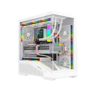 White ATX Gaming Case, Mid Tower, Tempered Glass Front and Side, USB Ports, 360mm Top Radiator Support