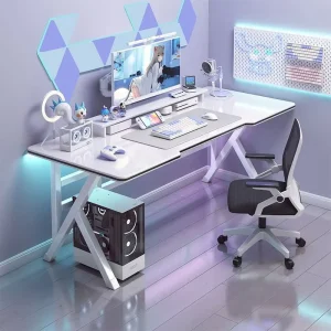 White E-Sports Gaming Table for Office and Home, Customizable L-Shape MDF Surface