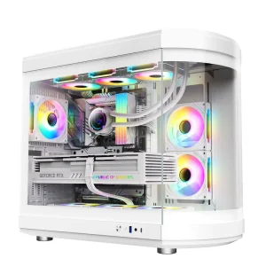 White Gamer Computer Case OEM ODM Desktop Gaming PC Case Full View Curved Glass