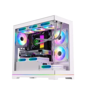 White Mid Tower Metal PC Gaming Case with MicroATX Support Glass Side Window Sea View RGB Belt Design
