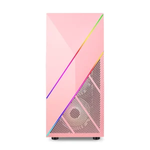 Z1 Pink ATX Gaming PC Case with RGB LED Strip, Tempered Glass Side Panel, Dustproof Filter, and 7 PCIe Slots